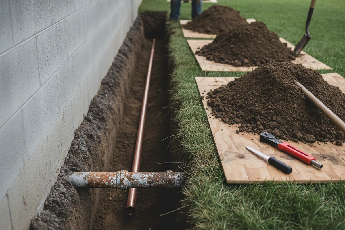 Excavated water line trench during Water Heater Repair in Baden